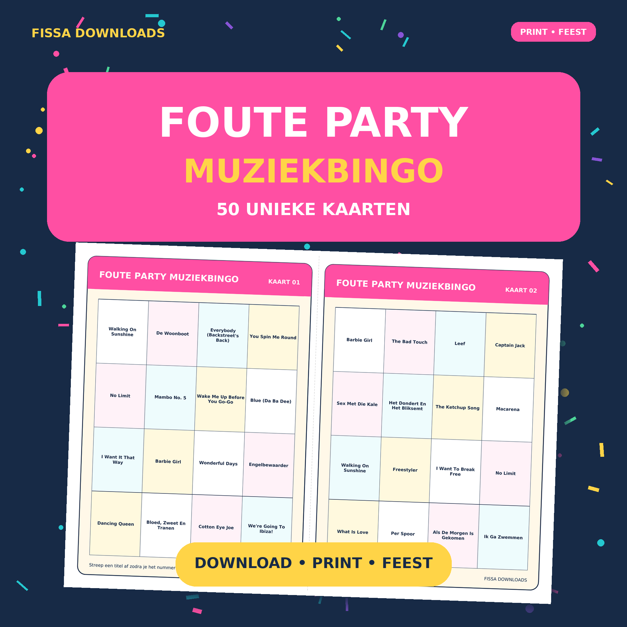 Voorbeeld van de Foute Party Muziekbingo en twee bingokaarten